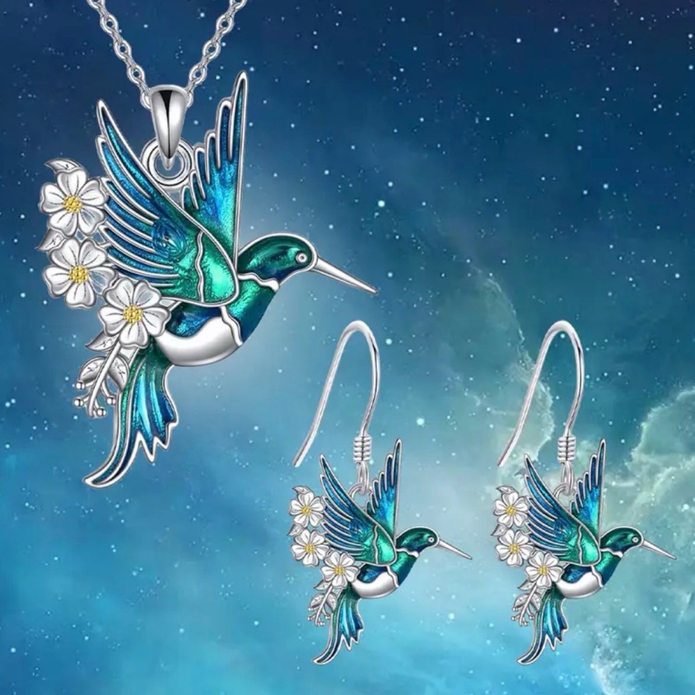 Blue and Silver Hummingbird Earrings Set. - Picture 5 of 6